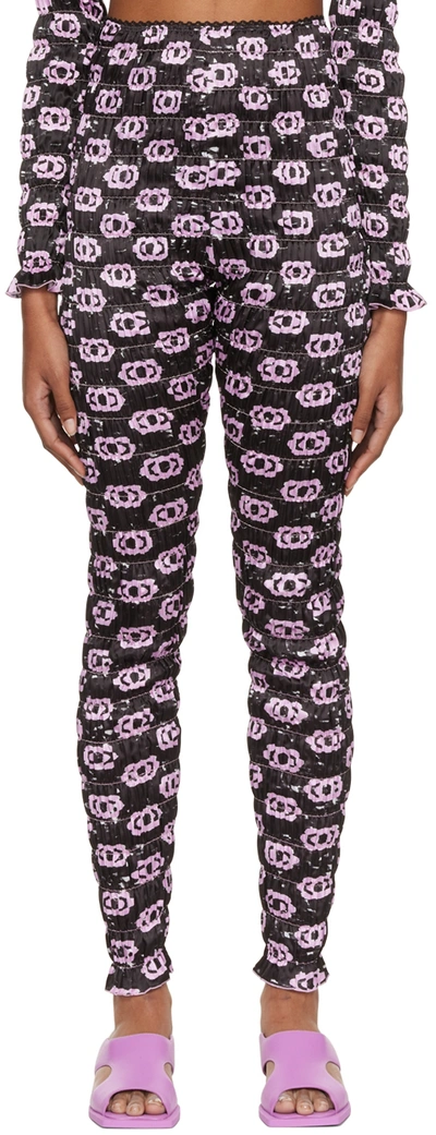 Amy Crookes Black Shirred Leggings In 0917 Lilac Monogram