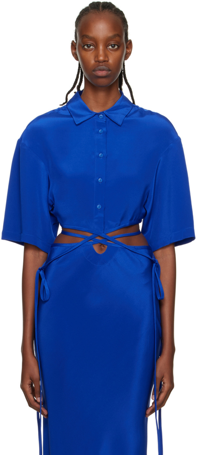 Christopher Esber Blue Wraparound Cropped Silk-satin Shirt In Cobalt