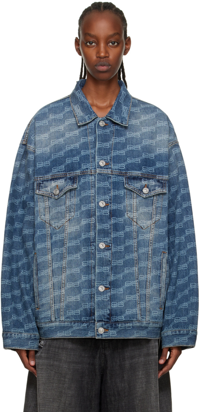 Shop Balenciaga Blue Bb Monogram Denim Jacket In 0443 Blu Authentic R