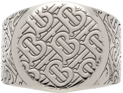 Shop Burberry Silver Monogram Ring In Palladio