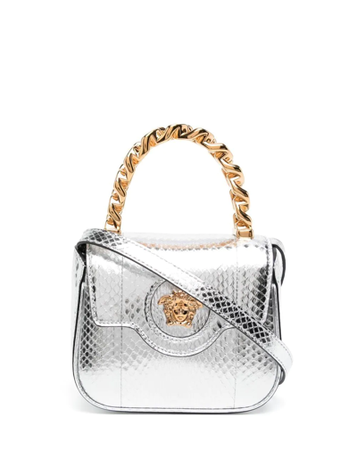 Versace La Medusa Mini Metallic Snakeskin Top-handle Bag In Silver