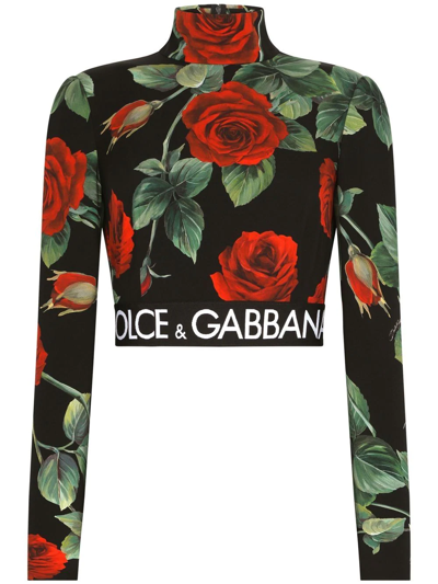 Dolce & Gabbana Logo-band Floral-print Silk Charmeuse Crop Top In