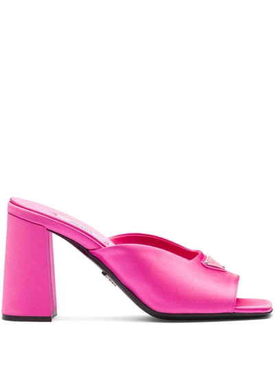 Shop Prada 85mm High-heel Satin Slides In Pink
