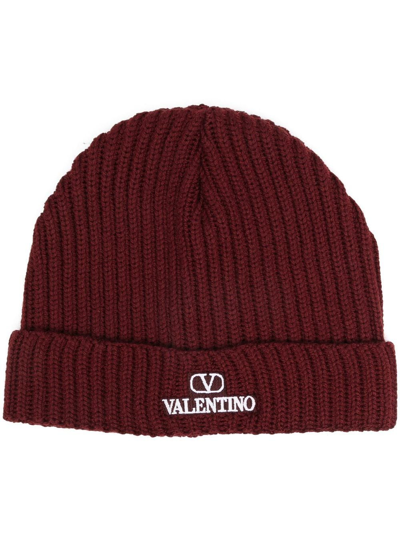 Shop Valentino Vlogo-embroidered Ribbed Beanie In Red
