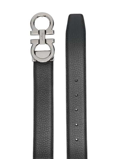 Ferragamo Reversible Belt With Brushed Finish Gancini In Black