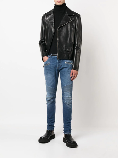Balmain Light Blue Biker Jeans With Zip And Rips In Blau