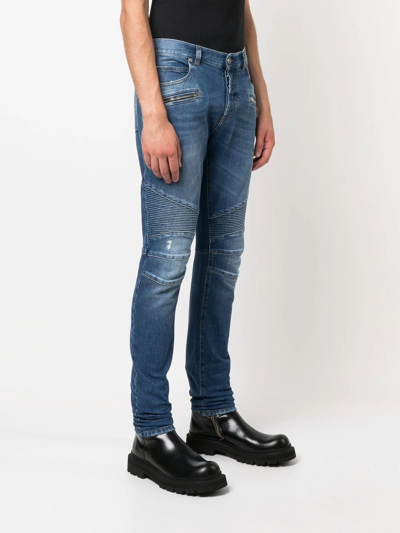 Shop Balmain Ribbed-detail Skinny Jeans In Blau