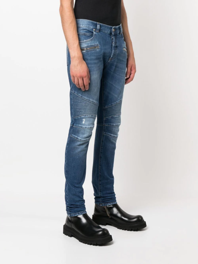 Balmain Light Blue Biker Jeans With Zip And Rips In Blau