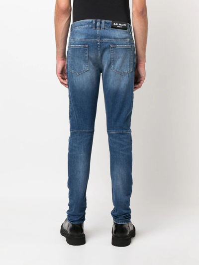 Balmain Light Blue Biker Jeans With Zip And Rips In Blau