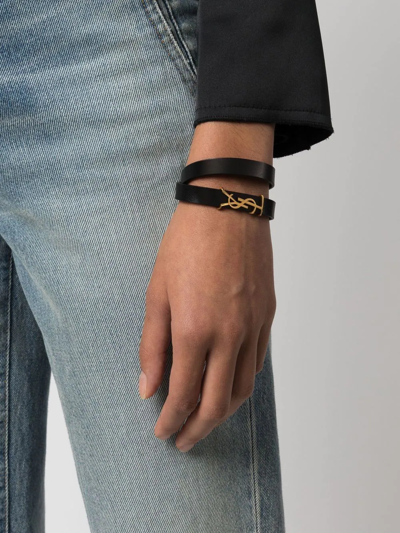 Shop Saint Laurent Ysl Logo-plaque Leather Bracelet In Schwarz