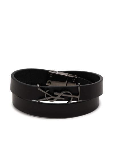 Shop Saint Laurent Ysl Logo-plaque Leather Bracelet In Schwarz