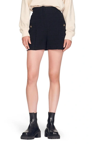 Shop Sandro Cadaques High Waist Pleated Tweed Shorts In Black