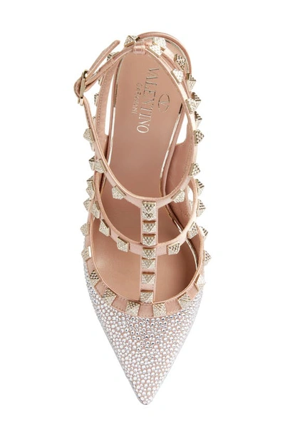 Shop Valentino Rockstud Pointed Toe T-strap Pump In V9r Crystal/ Rose Cannelle