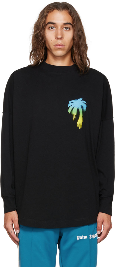 Shop Palm Angels Black Sprayed Palm Long Sleeve T-shirt In Black Green