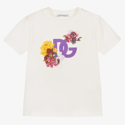 Shop Dolce & Gabbana Baby Girls Floral Logo T-shirt In Ivory