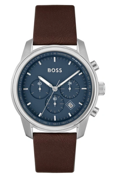 Shop Hugo Boss Trace Chronograph Leather Strap Watch, 44mm In Blue