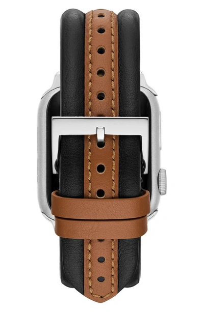 Shop Tory Burch The Kira Leather 20mm Apple Watch® Watchband In Black/ Brown