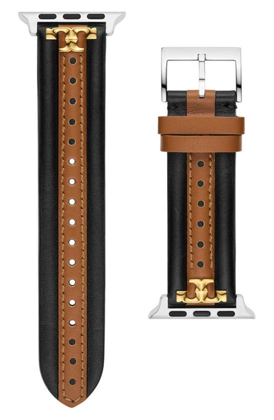 Shop Tory Burch The Kira Leather 20mm Apple Watch® Watchband In Black/ Brown