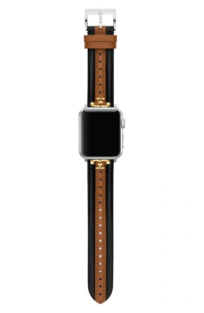 Shop Tory Burch The Kira Leather 20mm Apple Watch® Watchband In Black/ Brown