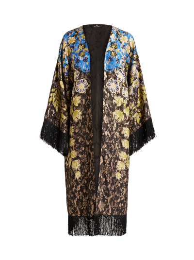Shop Etro Long Poncho With Floral Print In Black