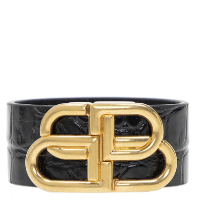 Shop Balenciaga Ladies Black Bb Logo Croc Embossed Leather Bracelet In Black,gold Tone