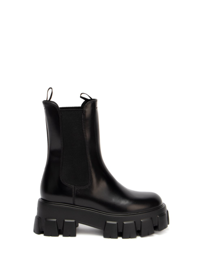 Shop Prada `monolith` Brushed Leather Boots In Nero