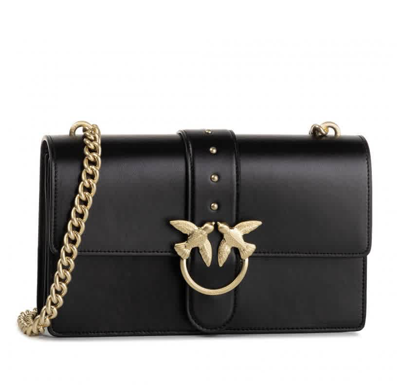 Pinko Ladies Love Simply Black Leather Shoulder Bag In Black,gold Tone |  ModeSens