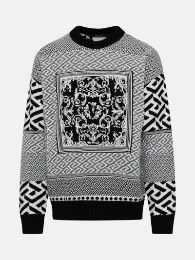 Shop Versace Wool Blend Black And White Greca Sweater