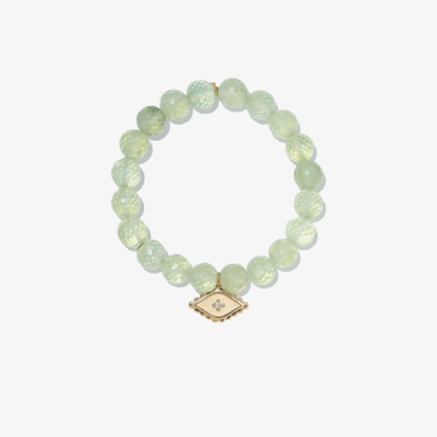 Sydney Evan 14kt Yellow Gold Prehnite Evil Eye Diamond Charm Beaded Bracelet In Gold