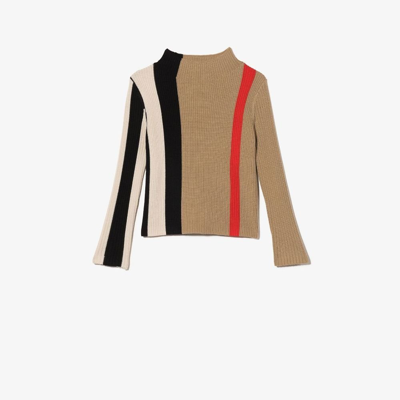 Shop Burberry Neutral Striped Wool Turtleneck Sweater In Neutrals