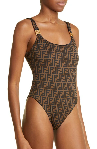 Fendi Ff Reversible Logo One-piece Swimsuit in Brown