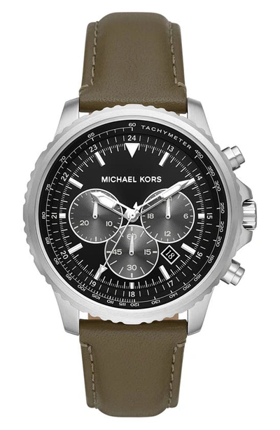 Shop Michael Kors Cortlandt Chronograph Leather Strap Watch, 44mm In Olive