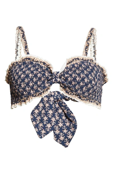 Shop Sea Floral Print Smocked Bikini Top In Marine