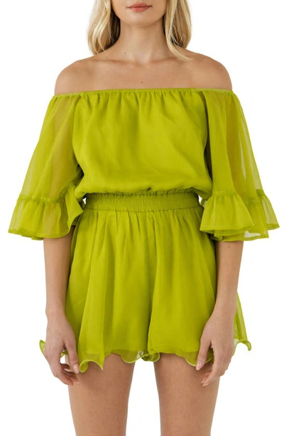 Shop Endless Rose Off The Shoulder Ruffle Sleeve Romper In Lime Green
