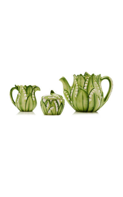 Shop Moda Domus Lily Of The Valley Ceramic Teapot; Cream; And Sugar Set In Green,blue