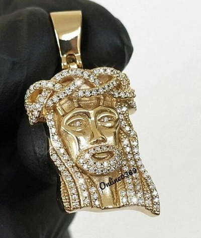 Pre-owned Online0369 Real 10k Yellow Gold 1ct Natural White Diamond Men's Jesus Head Charm Pendant