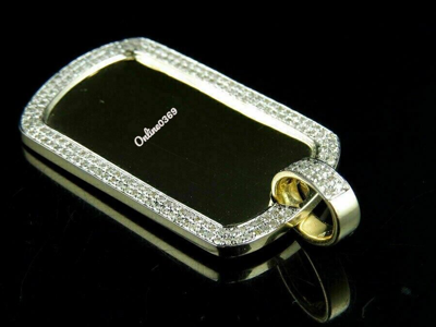 Pre-owned Online0369 Men's Real 10k Yellow Gold Natural White Diamond 2 Row Dog Tag Charm Pendant