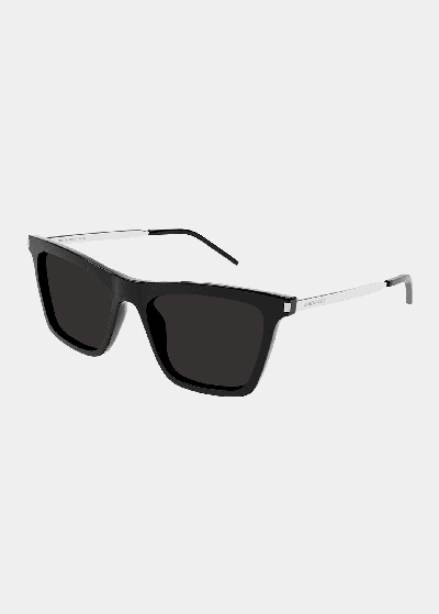 Shop Saint Laurent Rectangle Semi-transparent Acetate Sunglasses In 001 Black