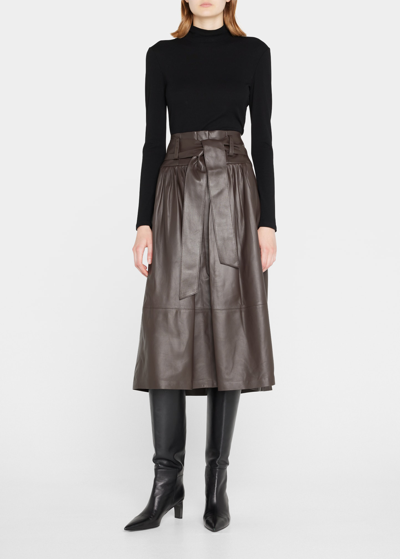 Shop Vince Leather Pleated Midi Skirt In Blk Truffle
