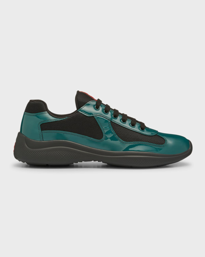 Shop Prada Men's America's Cup Patent Leather Patchwork Sneakers In Petrol Nero