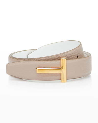 Shop Tom Ford T Buckle Grain Leather Belt In C8102 Silk Taupe/