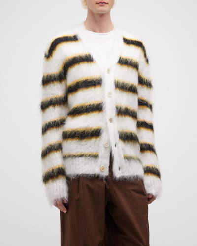 Shop Marni Men's Striped Mohair Cardigan Sweater In Lily/white
