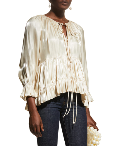 CINQ À SEPT CHRYSTIE SPLIT-NECK RUFFLE SATIN TOP 