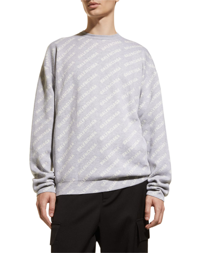 Shop Balenciaga Men's Allover-logo Crew Sweater In Grey/white