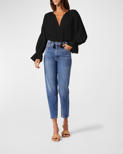 Shop Joie Plus Cecarina Ruched Bell-sleeve Tassel Top In Caviar