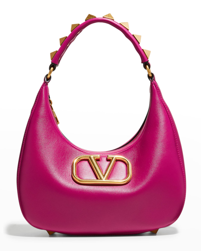 Shop Valentino Vlogo Roman Stud Zip Calfskin Hobo Bag In 0no Nero