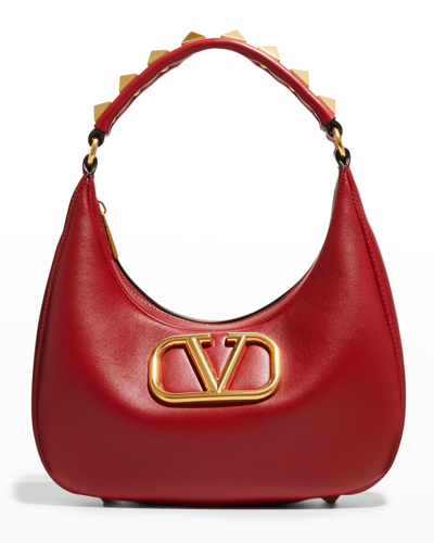 Shop Valentino Vlogo Roman Stud Zip Calfskin Hobo Bag In 0ro Rosso V