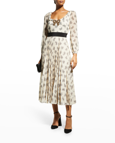 Shop Saloni Denise Bow-print Silk Pleated Midi Dress In Cream Bowsmirror