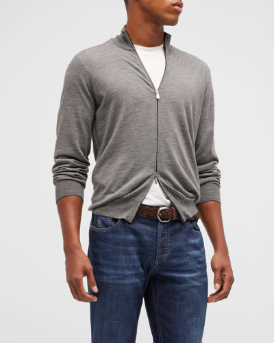 Shop Brunello Cucinelli Men's Wool-cashmere Full Zip Sweater In Cg217 Med Grey