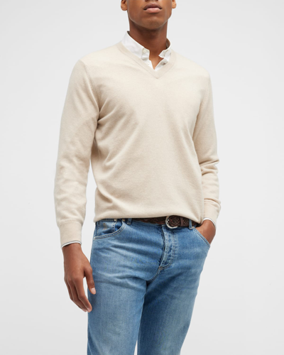 Shop Brunello Cucinelli Men's Cashmere V-neck Sweater In Cs396 Sand